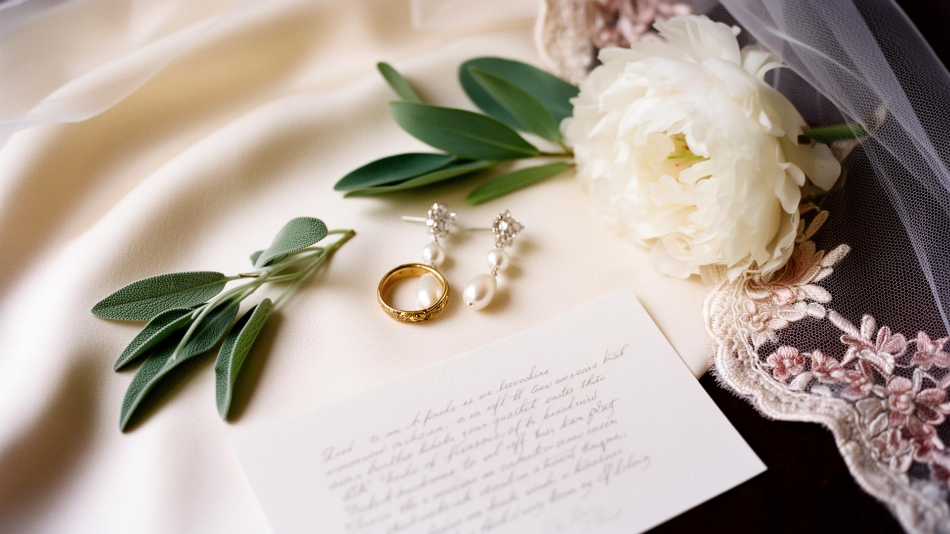 Bridal accessory still life — pearl drop earrings, gold band, lace veil, and sage eucalyptus on ivory silk